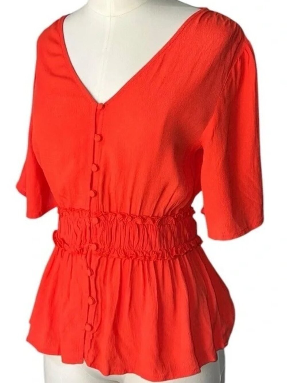 Francesca's Alya Women's XS Solid Coral Blouse Button V-Neck Cinch Waist Hippie